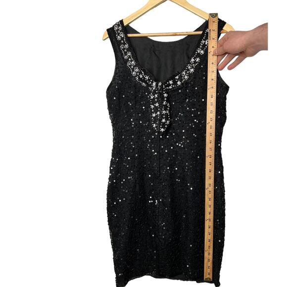 VINTAGE 1970s Stenay 8 Beaded Pearls Sequins Sleeveless Dress 100% Silk Black - Picture 6 of 8